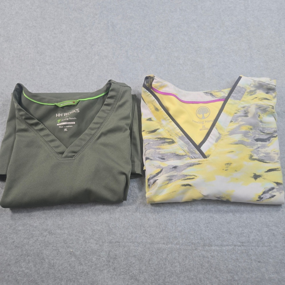 Healing Hands HH Works Scrub Top Bundle XL Olive Green Yellow Abstract Print 2pc